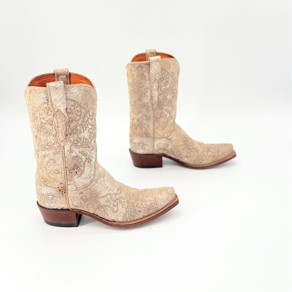 Lucchese 1883 Stone Suede Metallic Python Cowgirl Boots Snip Toe Womens 7B - Picture 2 of 9